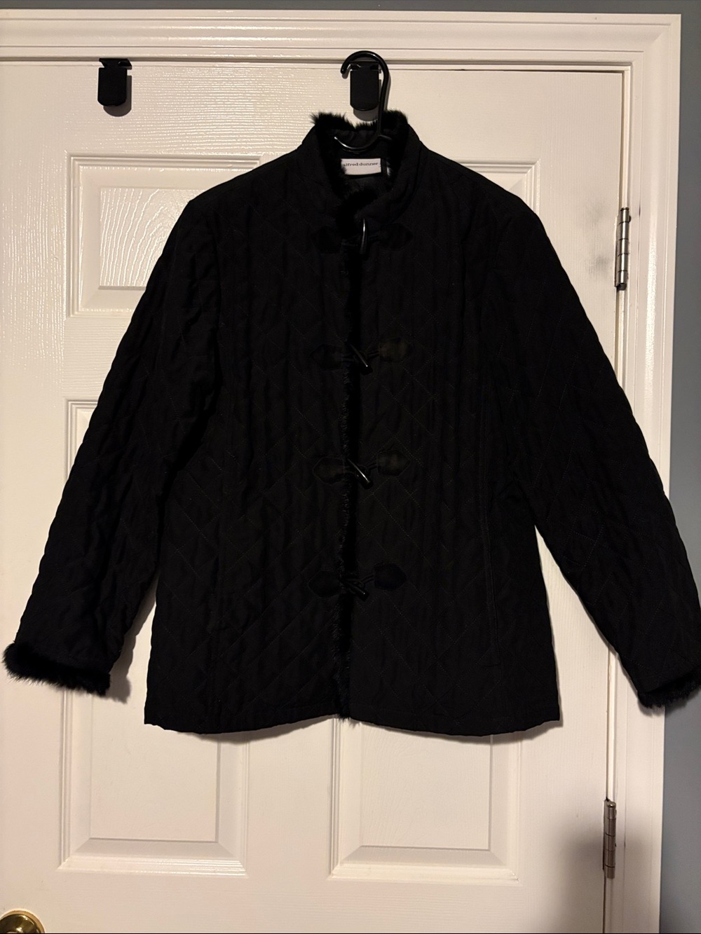 Alfred Dunner Black Quilted Puffer Jacket with Faux Fur Trim